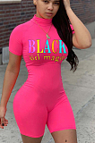 Black Casual Polyester Letter Short Sleeve High Neck Bodycon Jumpsuit YSH6149