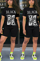 Black Casual Polyester Letter Short Sleeve Round Neck Tee Top Shorts Sets YSH6153