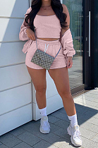 Pure Color Casual Polyester Long Sleeve Hoodie Shorts three-piece S6230