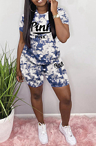Casual Polyester Tie Dye Letter Short Sleeve Round Neck Tee Top Shorts Sets S6228