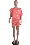 Pink Casual Polyester Short Sleeve Tee Top Shorts Sets YY5193