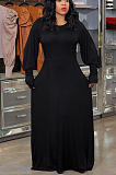 Black Casual Polyester Long Sleeve Round Neck High Waist A Line Dress AL115