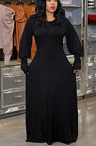 Black Casual Polyester Long Sleeve Round Neck High Waist A Line Dress AL115