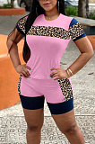 Casual Polyester Leopard Short Sleeve Round Neck Tee Top Shorts Sets S6229