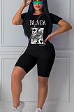 Black Casual Polyester Letter Short Sleeve Round Neck Tee Top Shorts Sets YSH6153