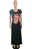 Black Casual Polyester Mouth Graphic Short Sleeve V Neck High Waist Long Dress YFS3507