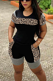 Casual Polyester Leopard Short Sleeve Round Neck Tee Top Shorts Sets S6229