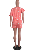 Pink Casual Polyester Short Sleeve Tee Top Shorts Sets YY5193