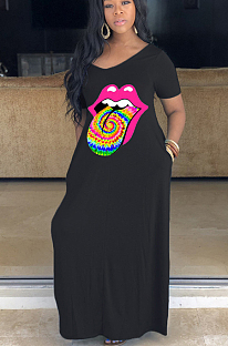 Black Casual Polyester Mouth Graphic Short Sleeve V Neck High Waist Long Dress YFS3507