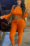 Orange Casual Polyester Long Sleeve Knotted Strap Utility Blouse Long Pants Sets AL112
