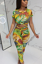 Yellow Casual Polyester Short Sleeve Round Neck Self Belted Utility Blouse Long Pants Sets MDF5087