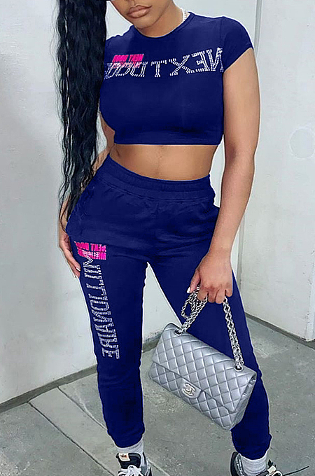Casual Polyester Short Sleeve Diamond-bordered Round Neck Crop Top Long Pants Sets ALS198