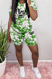 Casual Polyester Tie Dye Letter Short Sleeve Round Neck Tee Top Shorts Sets S6228