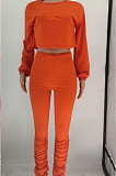 Casual Polyester Long Sleeve Round Neck Ruffle Crop Top Long Pants Sets MTY6395