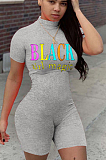 Black Casual Polyester Letter Short Sleeve High Neck Bodycon Jumpsuit YSH6149