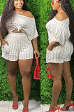 Watermelon Red Casual Polyester Striped Short Sleeve Utility Blouse Shorts Sets TZ1131