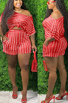 Watermelon Red Casual Polyester Striped Short Sleeve Utility Blouse Shorts Sets TZ1131