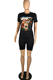 Black Casual Polyester Letter Short Sleeve Round Neck Tee Top Shorts Sets E8501