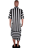 Black Casual Polyester Striped Short Sleeve Lapel Neck Buttoned Shirt Dress BS1221
