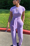 Purple Casual Polyester Short Sleeve Round Neck Waist Tie Romper N9213