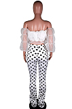 White Casual Polyester Polka Dot Off Shoulder Ruffle Utility Blouse Long Pants Sets BS1219