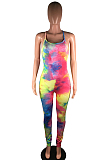 Yellow Casual Polyester Tie Dye Sleeveless Spaghetti Strap  Open Back Cami Jumpsuit BS1207