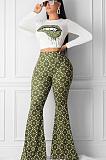 Multi Casual Polyester Mouth Graphic Long Sleeve Round Neck Tee Top Flare Leg Pants Sets YM8064