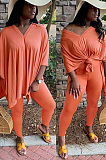 Orange Casual Polyester Short Sleeve Split Hem Tee Top Long Pants Sets TZ1128