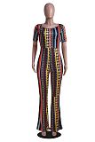 Multi Casual Polyester Bohemian stripes  Short Sleeve Round Neck Romper SY8688