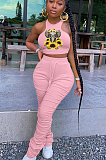 Pink Casual Polyester Animal Graphic Sleeveless Round Neck Ruffle Tank Top Long Pants Sets YM8127