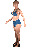 Blue Sexy Polyester Sleeveless Halterneck Self Belted Utility Blouse Shorts Sets BS1214