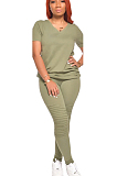 Light Green Casual Polyester Short Sleeve V Neck Ruffle Tee Top Long Pants Sets CN0041