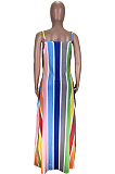Casual Polyester Rainbow Stripe Sleeveless Mid Waist Long Dress TZ1130
