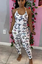 White Sexy Polyester Animal Graphic Sleeveless Spaghetti Strap  Open Back All Over Print Cami Jumpsuit E8503