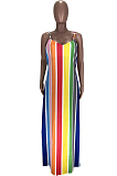 Casual Polyester Rainbow Stripe Sleeveless Mid Waist Long Dress TZ1130