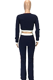 Dark Blue Casual Polyester Long Sleeve Spliced Tee Top Long Pants Sets SM9102