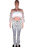 White Casual Polyester Polka Dot Off Shoulder Ruffle Utility Blouse Long Pants Sets BS1219