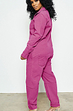 Purple Red Casual Cotton Long Sleeve Buttoned Tee Jumpsuit AL110