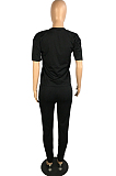 Black Casual Polyester Leopard Short Sleeve V Neck Tee Top Long Pants Sets E8505