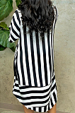 Black Casual Polyester Striped Short Sleeve Lapel Neck Buttoned Shirt Dress BS1221