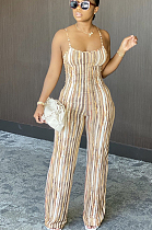 Brown Sexy Polyester Striped Sleeveless Spaghetti Strap  Open Back Cami Jumpsuit N9215