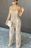 Brown Sexy Polyester Striped Sleeveless Spaghetti Strap  Open Back Cami Jumpsuit N9215