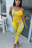 Yellow Casual Polyester Tie Dye Sleeveless Spaghetti Strap  Open Back Cami Jumpsuit BS1207