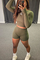 Army Green Casual Polyester Long Sleeve Round Neck Tee Top Shorts Sets C3013