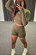 Army Green Casual Polyester Long Sleeve Round Neck Tee Top Shorts Sets C3013
