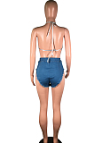 Blue Sexy Polyester Sleeveless Halterneck Self Belted Utility Blouse Shorts Sets BS1214