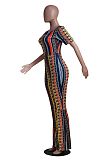 Multi Casual Polyester Bohemian stripes  Short Sleeve Round Neck Romper SY8688