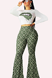 Multi Casual Polyester Mouth Graphic Long Sleeve Round Neck Tee Top Flare Leg Pants Sets YM8064