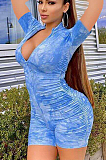 Black Casual Polyester Tie Dye Short Sleeve Pleated Bodycon Jumpsuit MN8208