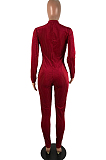 Wine Red Sexy Polyester Long Sleeve Bodycon Jumpsuit RB3048